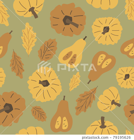 Hand drawn autumn oak leaves, pumpkins seamless pattern. Vector Halloween illustration of pastel yellow, brown elements on green background, flat style Hand drawn autumn oak leaves, pumpkins seamless pattern. Vector Halloween illustration of pastel yellow, brown elements on green background, flat style 79195626