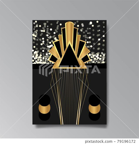 Art Deco template golden black, A4 page, menu, card, modern invitation, Moon stars and city lights in a Art Deco Art Deco template golden black, A4 page, menu, card, modern invitation, Moon stars and city lights in a Art Deco 79196172
