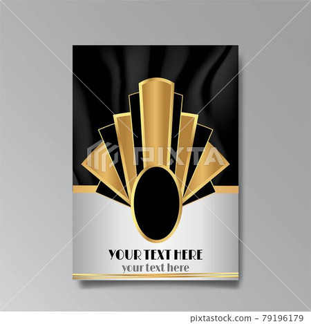 Art Deco template golden black, A4 page, menu, card, modern invitation, Moon stars and city lights in a Art Deco Art Deco template golden black, A4 page, menu, card, modern invitation, Moon stars and city lights in a Art Deco 79196179