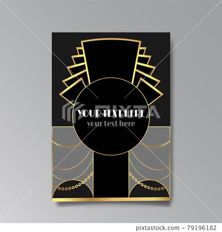 Art Deco template golden black, A4 page, menu, card, modern invitation, Moon stars and city lights in a Art Deco Art Deco template golden black, A4 page, menu, card, modern invitation, Moon stars and city lights in a Art Deco 79196182