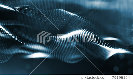 3d rendering background of microworld or sci-fi theme with glowing particles form curved lines, 3d surfaces, grid structures with depth of field, bokeh. Deep blue wave forms 3d rendering background of microworld or sci-fi theme with glowing particles form curved lines, 3d surfaces, grid structures with depth of field, bokeh. Deep blue wave forms 79196194