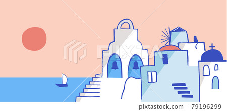 Greece hand drawn illustration. Santorini old town streets, traditional and famous houses and 79196299