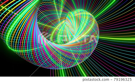 3d render. Abstract geometric bg with rings form complex twisted spiral and light effects. Rings flash neon multicolor lights. Neon ring bulbs for show or events, festivals or concerts 79196325