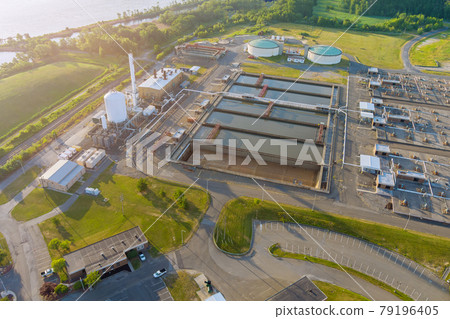 Aerial view of basins for sewage water aeration and cleaning in process of sewage treatment on Biological treatment water 79196405
