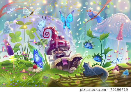 Mushroom in magic forest with fantasy wild animals in summer garden landscape sings a song among the trees, butterflies, sunlight, pets, berries on the meadow with green grass in vector. Mushroom in magic forest with fantasy wild animals in summer garden landscape sings a song among the trees, butterflies, sunlight, pets, berries on the meadow with green grass in vector. 79196719