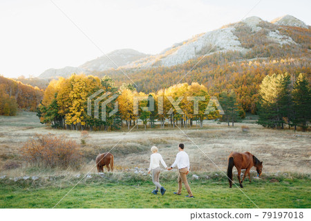 Man and woman are holding hands and walk on the lawn on which horses graze against the background of mountains. Back view Man and woman are holding hands and walk on the lawn on which horses graze against the background of mountains. Back view 79197018