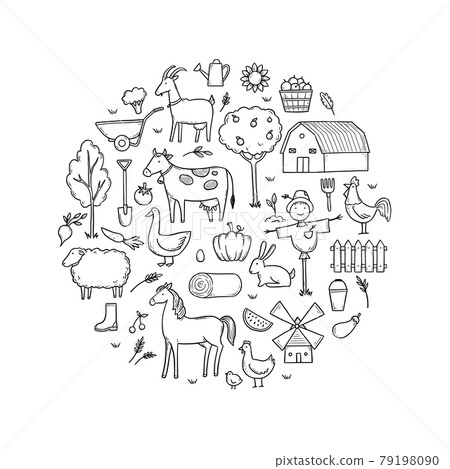 Hand drawn set farm animal, farmer food. Hand drawn set farm animal, farmer food. 79198090