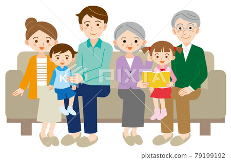 Illustration of a happy three-generation six-person family relaxing on a sofa / white background 79199192