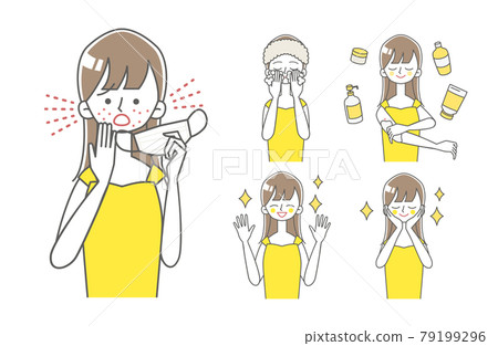 BEFORE / AFTER 一位女士因戴口罩而皮膚粗糙的插圖 BEFORE / AFTER 一位女士因戴口罩而皮膚粗糙的插圖 79199296