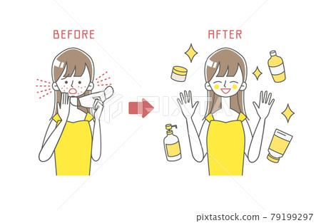 BEFORE / AFTER 一位女士因戴口罩而皮膚粗糙的插圖 BEFORE / AFTER 一位女士因戴口罩而皮膚粗糙的插圖 79199297