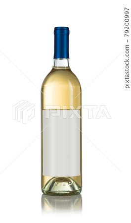 Wine Bottle with Light Colored Wine and Blank Wine Label Ready for You Own Design and Text Against a White Background.. Wine Bottle with Light Colored Wine and Blank Wine Label Ready for You Own Design and Text Against a White Background.. 79200997