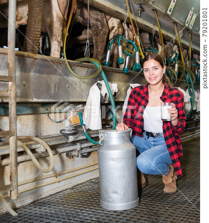 Female milker posing with glass of milk on dairy farm Female milker posing with glass of milk on dairy farm 79201801