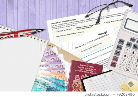 English Tax form sa106 Foreign from HM revenue and customs lies on table with office items. HMRC paperwork and tax paying process in United Kingdom 79202490