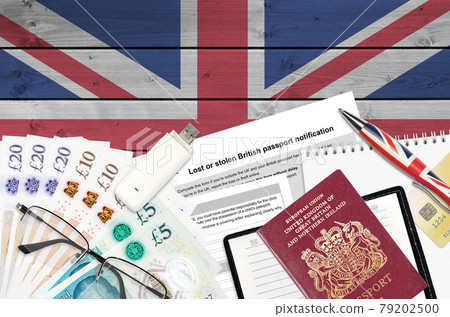 English form LS01 Lost or stolen british passport notification from HM passport office lies on table with office items. UK passport paperwork 79202500