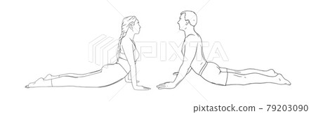 Yoga cobra pose or bhujangasana. Woman and man practicing strengthing yoga pose. Hand drawn vector illustration Yoga cobra pose or bhujangasana. Woman and man practicing strengthing yoga pose. Hand drawn vector illustration 79203090