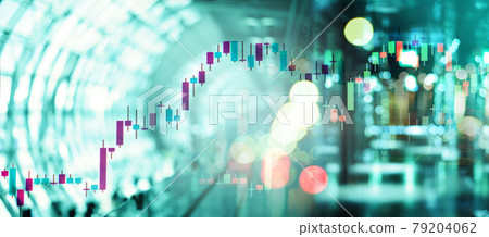 graph line of trade stock market and index number on blue glow blur city technology light banner business background 79204062