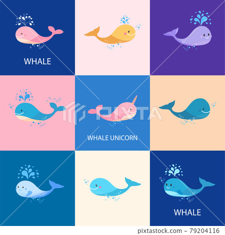 collection of colorful cute whales. A small cheerful whale and pink unicorn whale. 79204116
