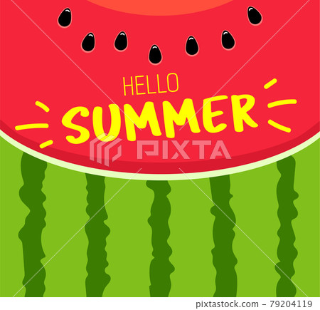 Banner Hello summer. Text on the red texture of a juicy watermelon with seeds. 79204119