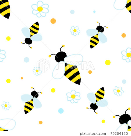 Bee around white flowers chamomile. Vector Seamless pattern. 79204120