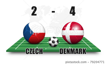 Czech vs Denmark . Soccer ball with national flag pattern on perspective football field . Dotted world map background . Football match result and scoreboard . Sport cup tournament . 3D vector design . Czech vs Denmark . Soccer ball with national flag pattern on perspective football field . Dotted world map background . Football match result and scoreboard . Sport cup tournament . 3D vector design . 79204771