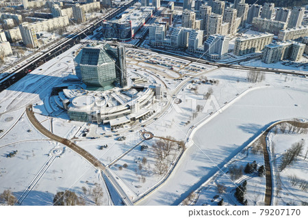 Top view of the National Library in Minsk in winter. Belarus, public building Top view of the National Library in Minsk in winter. Belarus, public building 79207170