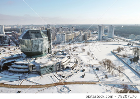 Top view of the National Library in Minsk in winter. Belarus, public building Top view of the National Library in Minsk in winter. Belarus, public building 79207176