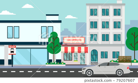 Flat Building Shopping Street with car.Vector illustration.Cityscape and public park.Shop facade on road with car.Modern store buildings .Business street and bus stop. Flat Building Shopping Street with car.Vector illustration.Cityscape and public park.Shop facade on road with car.Modern store buildings .Business street and bus stop. 79207607
