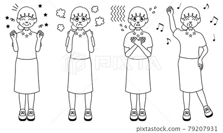 A black-and-white illustration of an old woman who expresses emotions with her whole body A black-and-white illustration of an old woman who expresses emotions with her whole body 79207931