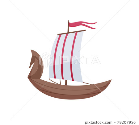 Water sailboat. Ship boat side view isolated on white background. Old ship with sail, for ocean water. Isolated transport icon 79207956