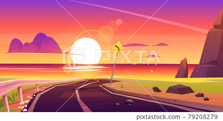 Road to sea beach sunset landscape, asphalt way 79208279