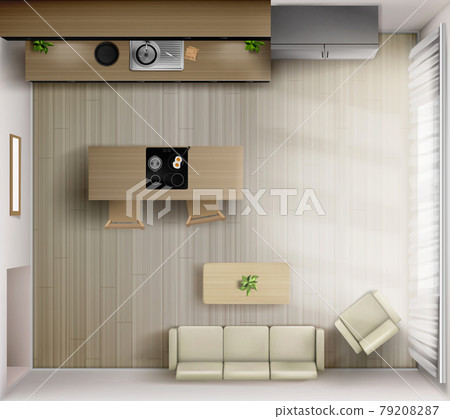 Studio room interior with kitchen top view, 3d Studio room interior with kitchen top view, 3d 79208287