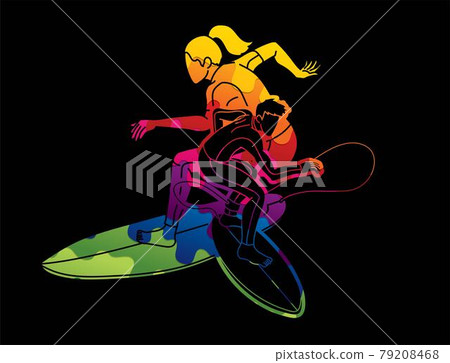 Group of  Surfer Action Surfing Sport Man and Woman Players Cartoon Graphic Vector 79208468