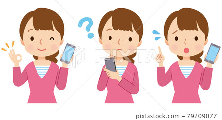 A female facial expression set explaining the operation of a smartphone A female facial expression set explaining the operation of a smartphone 79209077