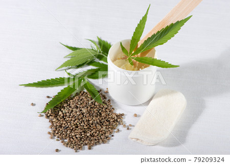 Cannabis seeds, young hemp leaves and cannabis butter on white background. 79209324