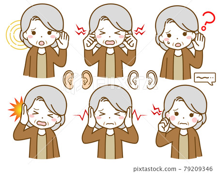 Elderly woman with ear problems 79209346