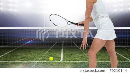 Composition of female tennis player holding tennis racket at tennis court 79210144