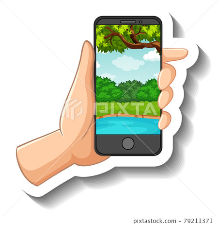 A sticker template with hand holding smart phone A sticker template with hand holding smart phone 79211371