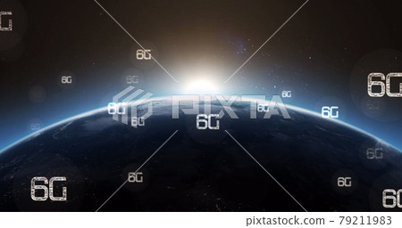 Digital image of multiple 6g text floating against blue spot of light over globe 79211983
