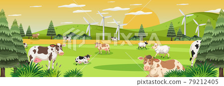Farm panorama landscape with many cows in the... - Stock Illustration ...