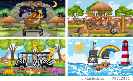 Set of different scenes with pirate ship at the sea and animals in the zoo Set of different scenes with pirate ship at the sea and animals in the zoo 79212431