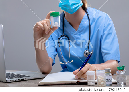 Caucasian female doctor wearing face mask holding box of pills 79212641
