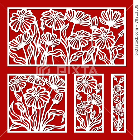 Set of decorative panels with a floral pattern. Square, rectangular frames with chamomile flowers, poppies. Vector template for plotter laser cutting of paper, metal engraving, wood carving, plywood. Set of decorative panels with a floral pattern. Square, rectangular frames with chamomile flowers, poppies. Vector template for plotter laser cutting of paper, metal engraving, wood carving, plywood. 79213339