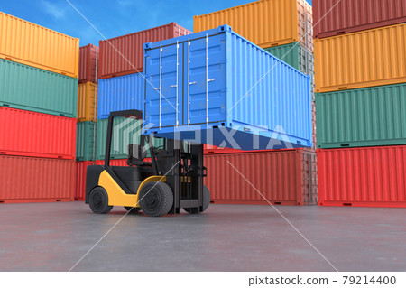 Forklift truck lifting container, delivery service concept, freight transportation logistics 79214400