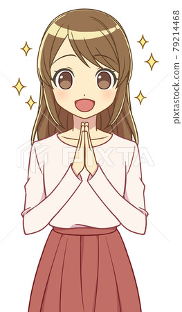 A woman in plain clothes who rejoices with her hands together 79214468