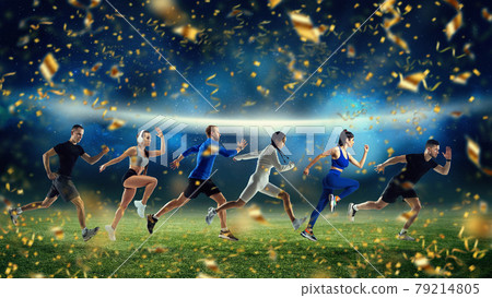 Sportsmen in action. Collage. Players running over stadium background with festive confetti fireworks. 79214805