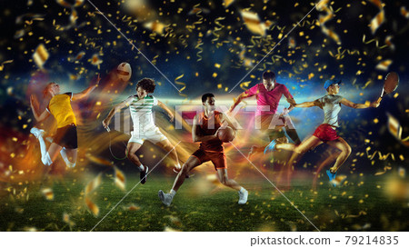 Sportsmen in action. Collage. Volleyball, basketball, tennis, soccer football players over stadium background with festive confetti fireworks. 79214835