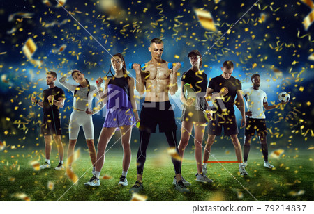 Sport collage. Tennis, fitness, soccer football players on stadium background with festive confetti fireworks. 79214837