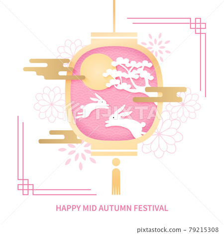 Happy mid autumn festival celebration. Jade rabbit in pink lantern. Vector design 79215308