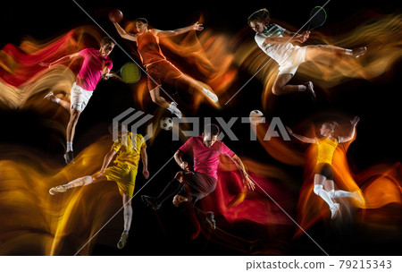 Sportsmen playing basketball, tennis, soccer footbal, volleyball on black background in mixed light. Sportsmen playing basketball, tennis, soccer footbal, volleyball on black background in mixed light. 79215343
