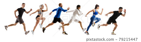 Speed and strength. Development of motions of young athletic fit men and women running isolated over white background. Flyer. 79215447
